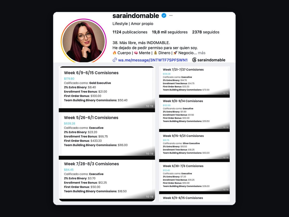 Perfil de Instagram de Sara Torrijos y capturas de sus comisiones semanales