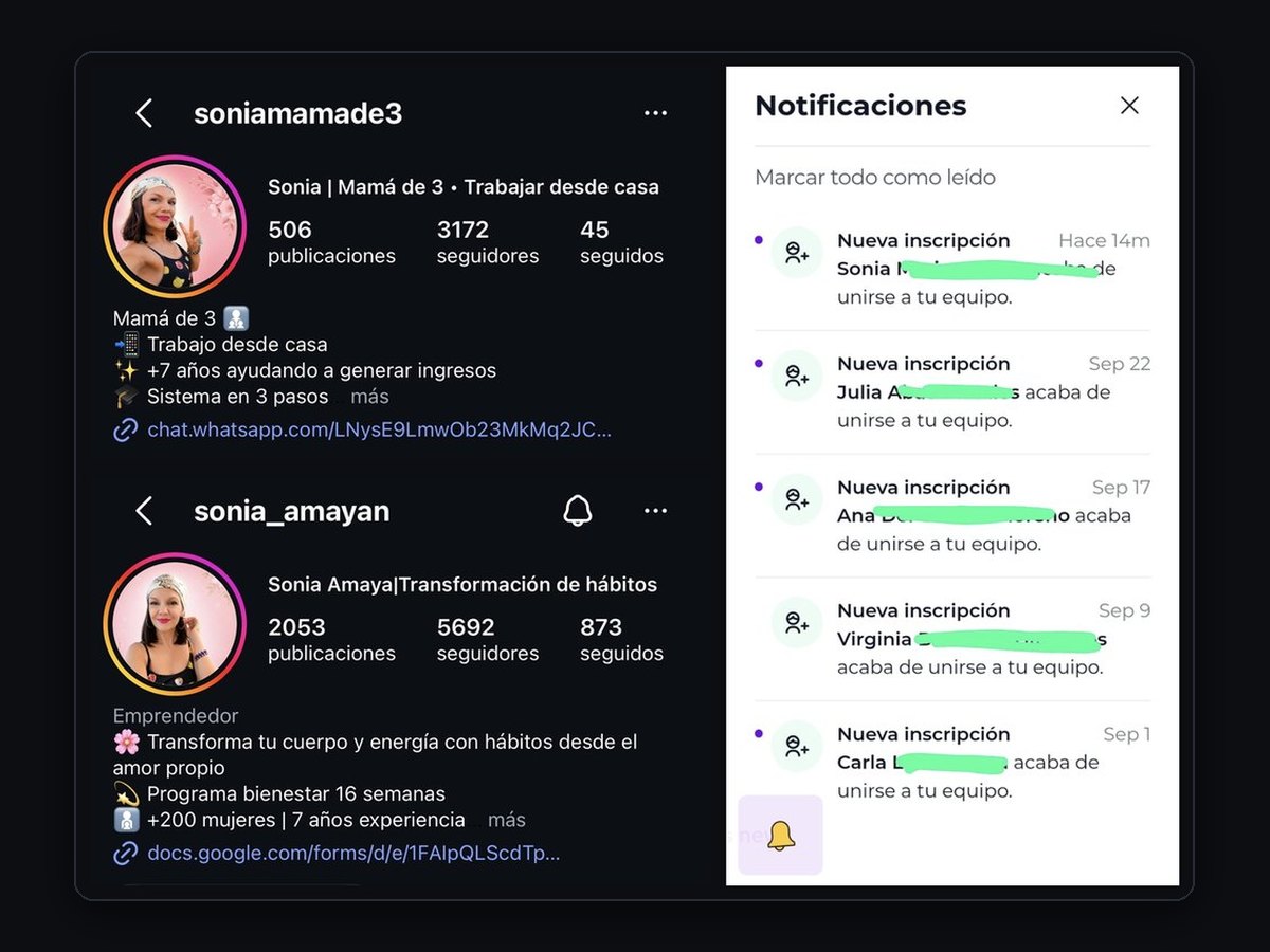 Cuentas de Instagram de Sonia Amaya y notificaciones de personas que le escriben