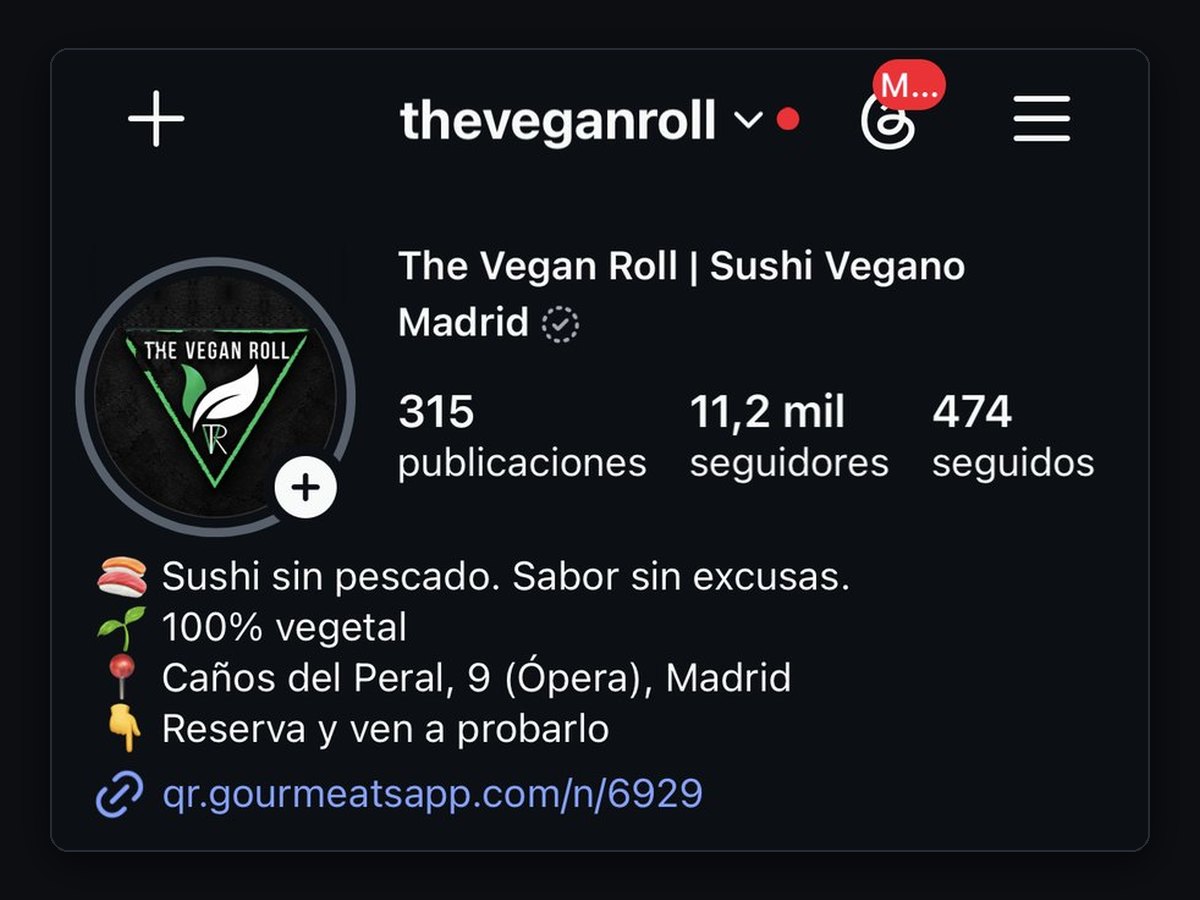 Perfil de Instagram de The Vegan Roll, sushi vegano en Madrid