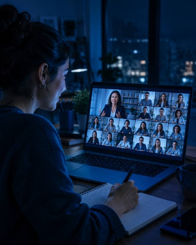 Alumna siguiendo una clase en directo por videollamada con muchos compañeros