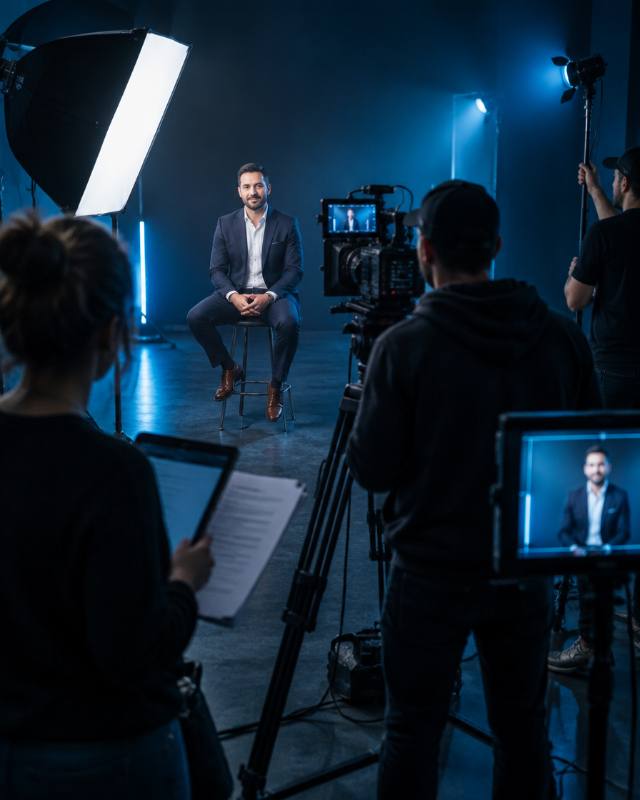 Equipo grabando a un cliente en un estudio con cámara, luces y guion
